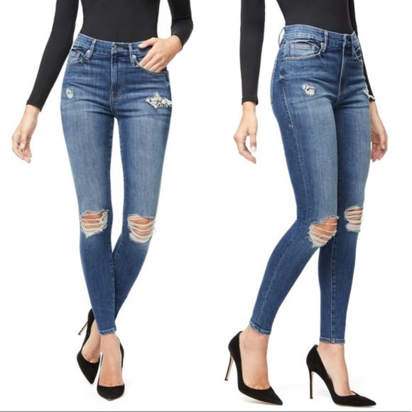 Good American Good Waist Distressed High Rise Jeans with Snake Pockets Size 8/29 - Picture 1 of 11